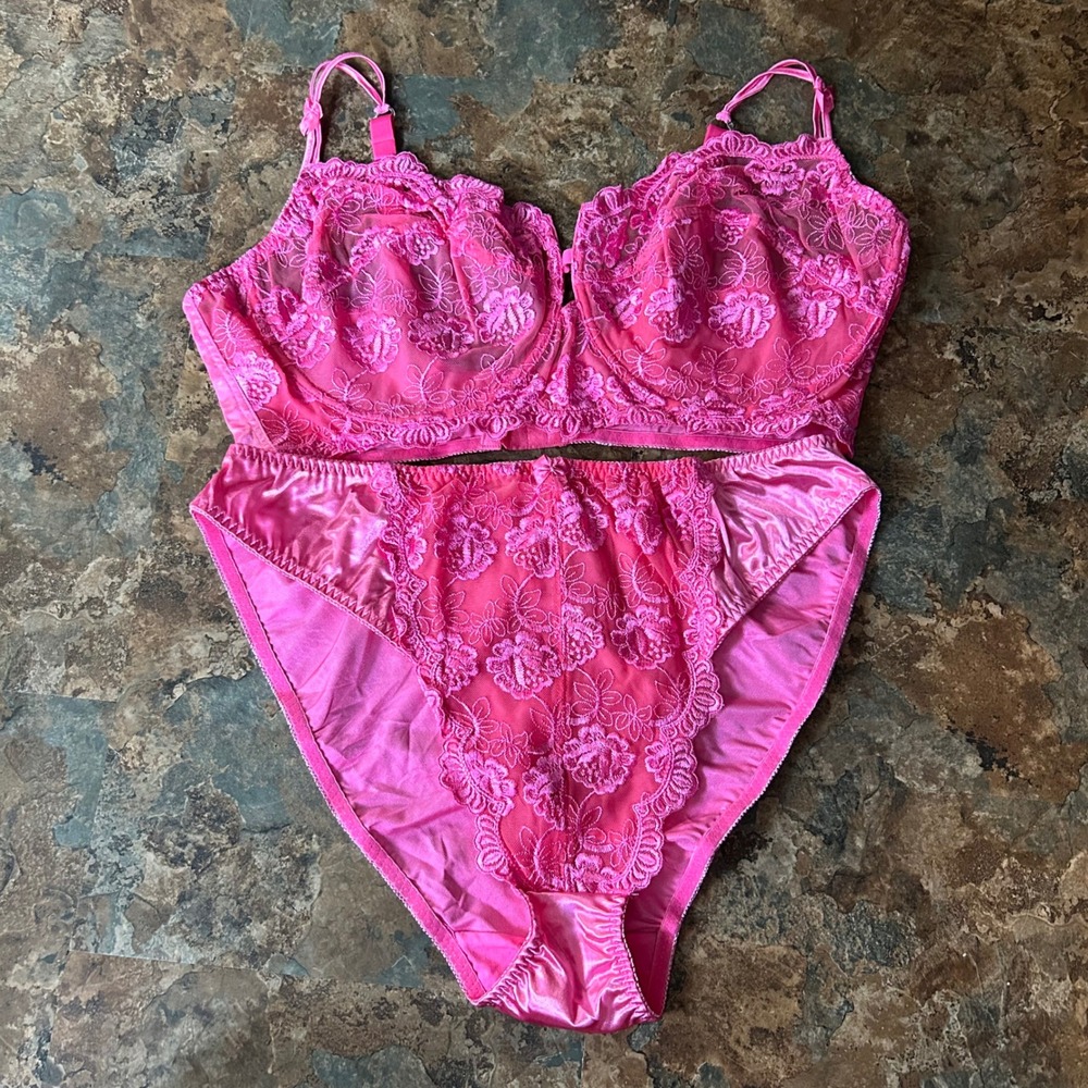 Vintage Ashley Stewart Lingerie Set Womens Size 44DD Pink Sheer Floral Lace